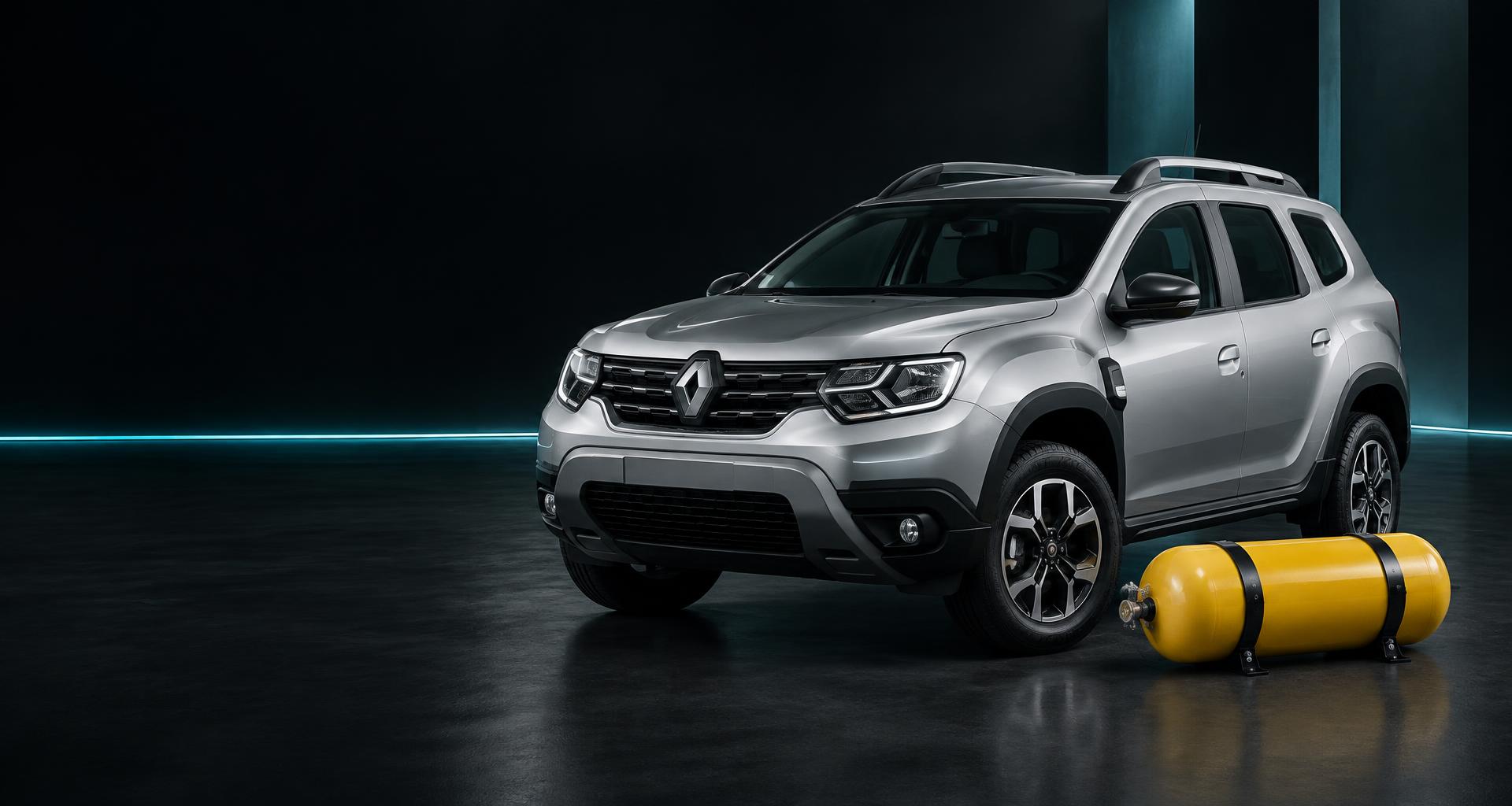 Escena ilustrativa de Renault Duster y cilindro GNV en un estudio automotriz
